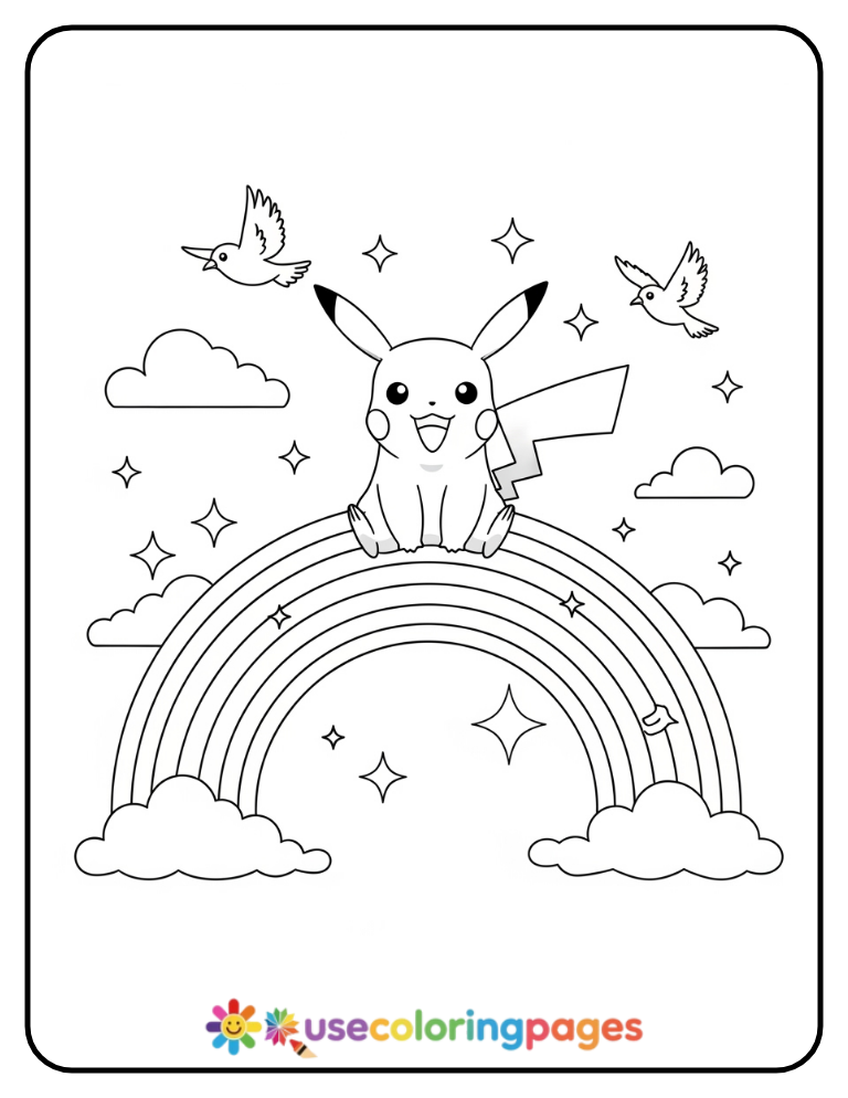 Pikachu Sitting on a Rainbow Coloring Page For Kids