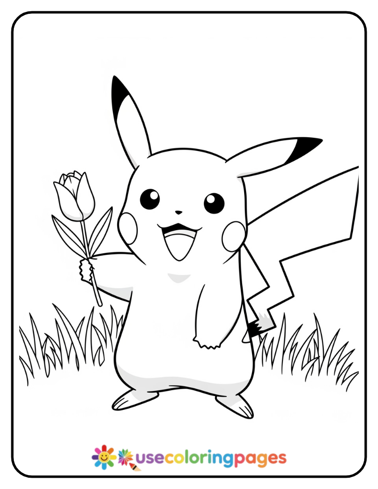 Pikachu Standing with a Flower Coloring Page For Preschoolers