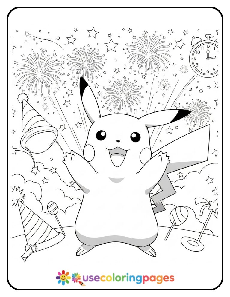 Pikachu Watching Fireworks on New Year’s Eve Coloring Page
