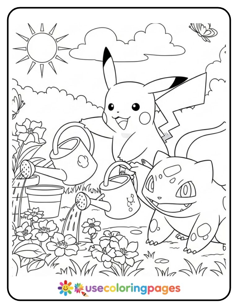 Pikachu and Bulbasaur Watering Flowers Coloring Page Printable