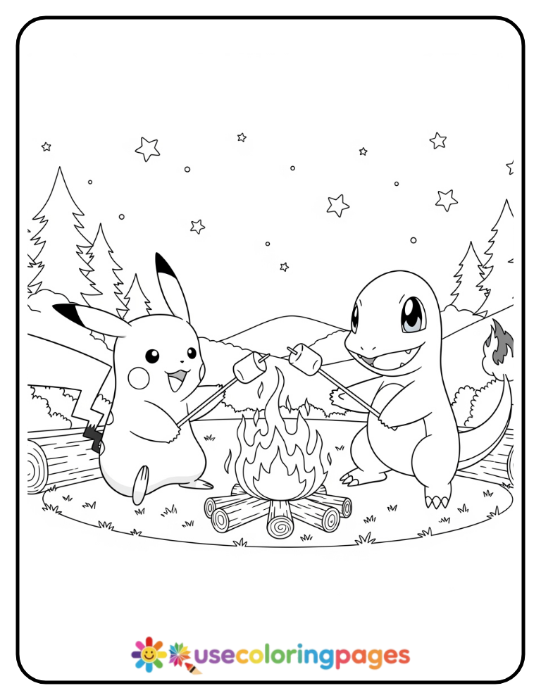 Pikachu and Charmander Roasting Marshmallows Coloring Page