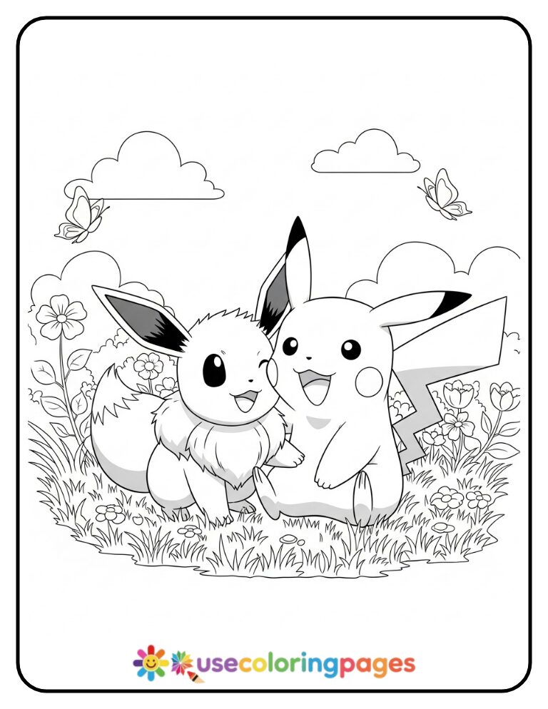 Pikachu and Eevee Playing in the Grass Coloring Page