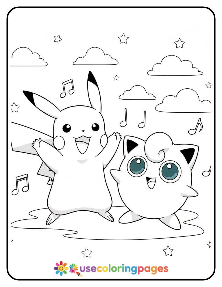 Pikachu and Jigglypuff Singing a Song Coloring Page