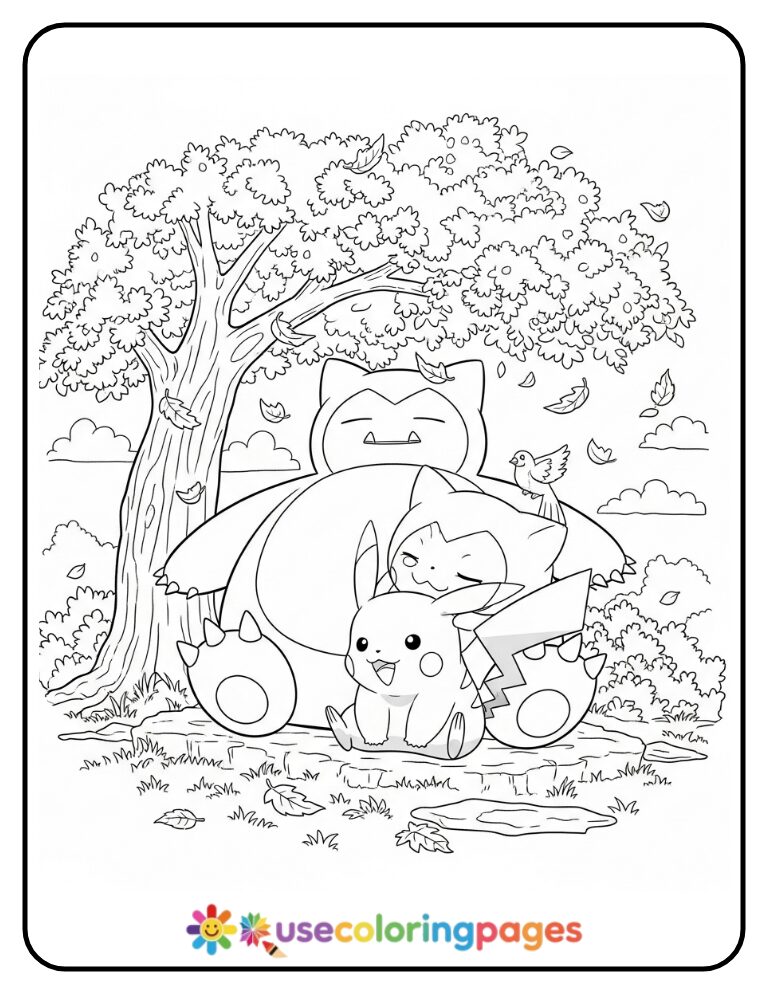 Pikachu and Snorlax Napping Under a Tree Coloring Page