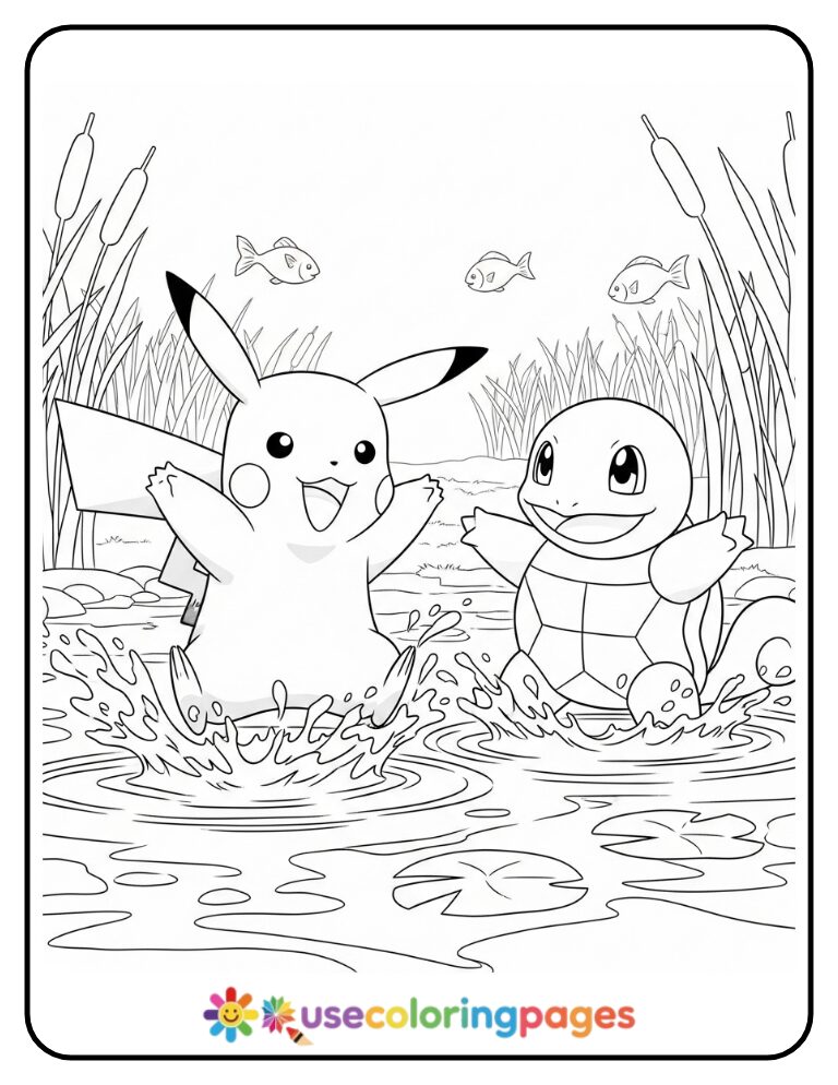 Pikachu and Squirtle Splashing in a Pond Coloring Page