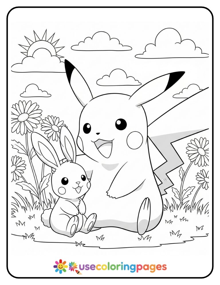 Pikachu and a Baby Bunny Coloring Page For Kids