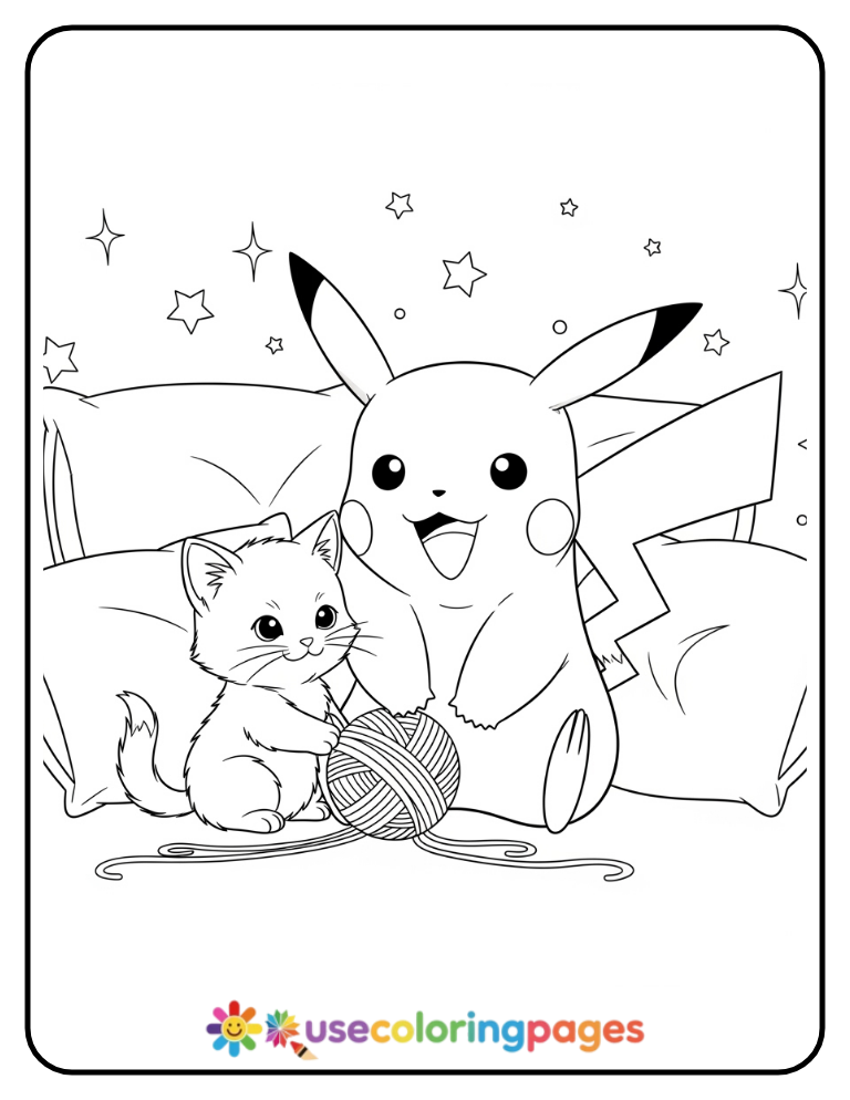Pikachu and a Kitten Playing with Yarn Coloring Page