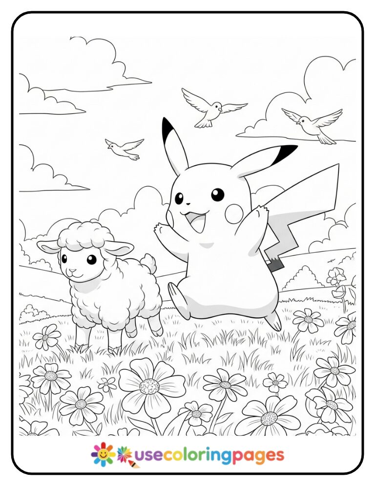 Pikachu and a Lamb Playing in a Field Coloring Page