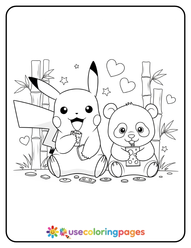 Pikachu and a Panda Eating Snacks Together Coloring Page