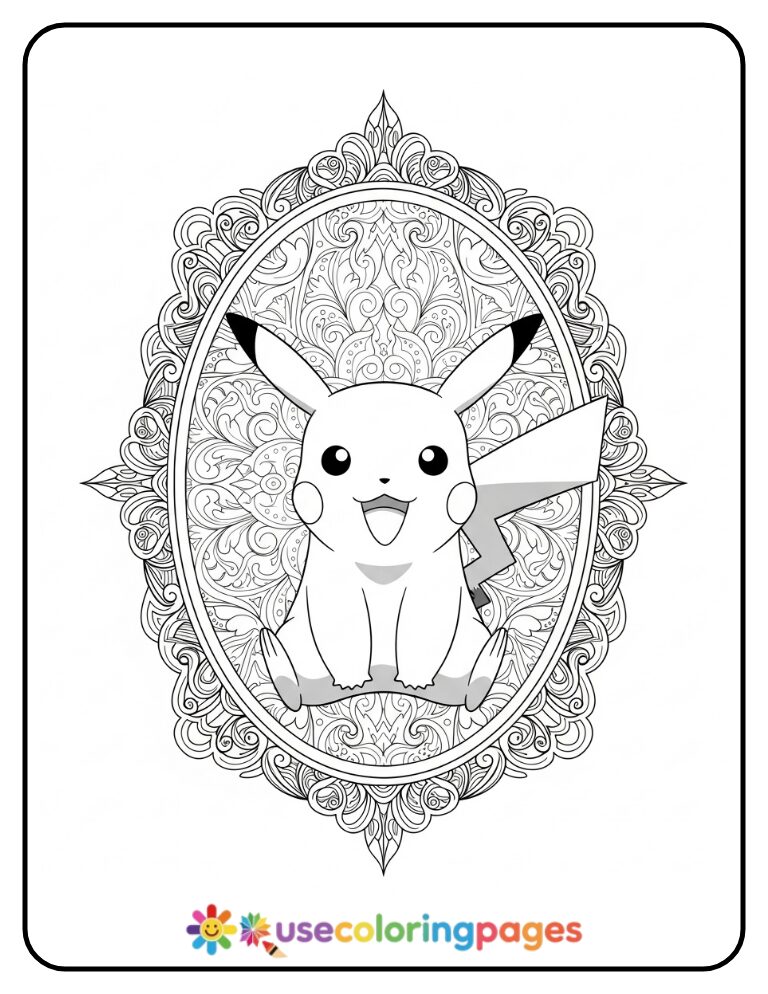 Pikachu in a Decorative Frame with Filigree Borders Coloring Page