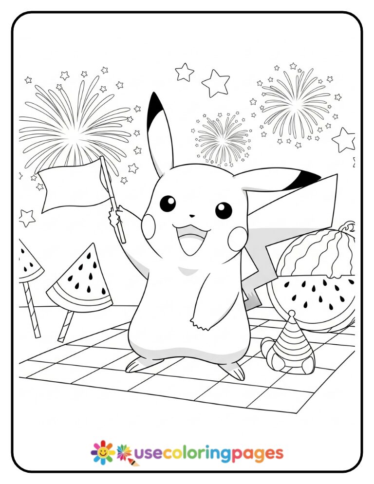Pikachu on a Fourth of July Picnic Coloring Page