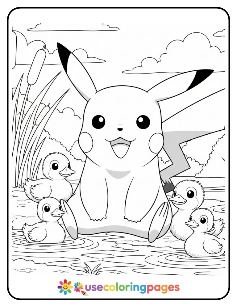 Pikachu with Ducklings by a Pond Coloring Page Printable