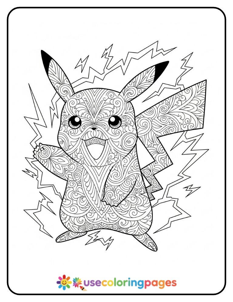 Pikachu with Ornamental Lightning Patterns Coloring Page