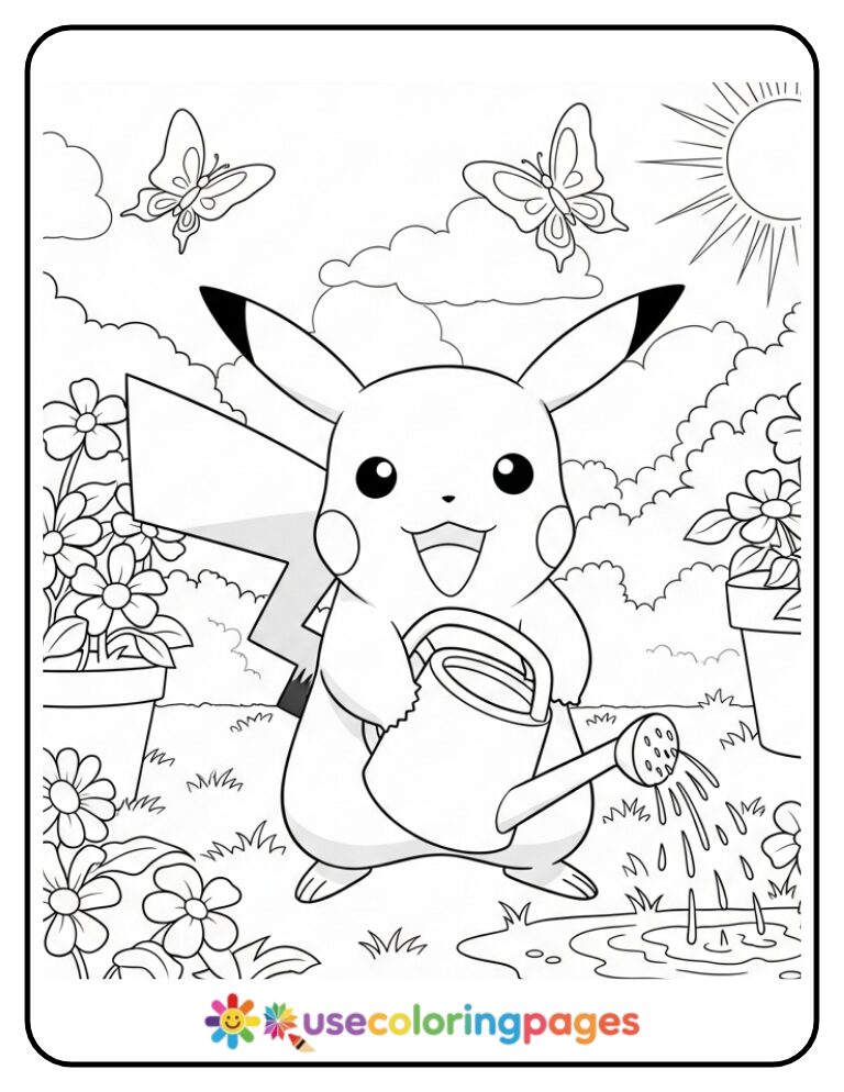 Pikachu with a Watering Can in the Garden Coloring Page