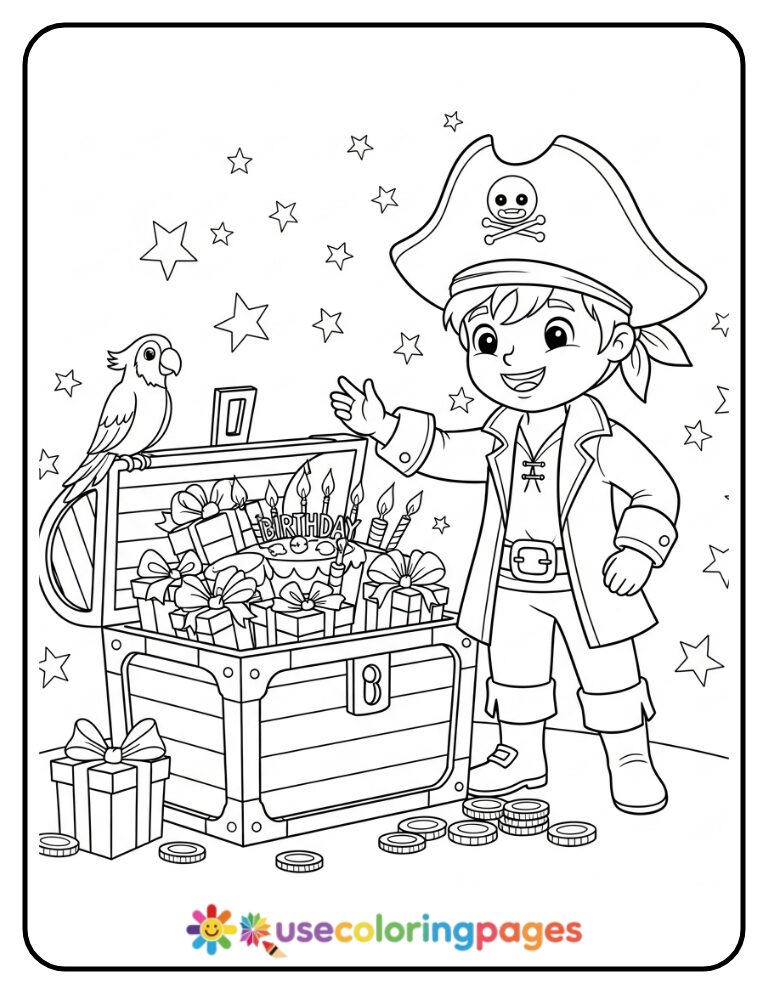 Pirate Boy With Birthday Treasure Chest Coloring Page