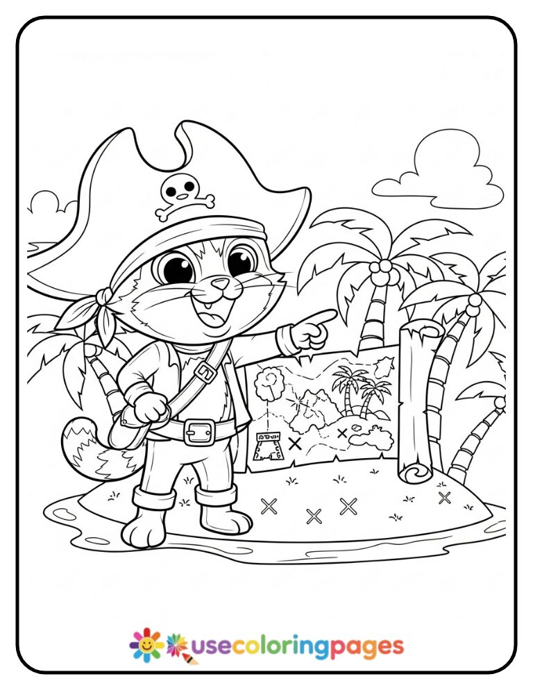 Pirate Cat on a Treasure Hunt Coloring Page