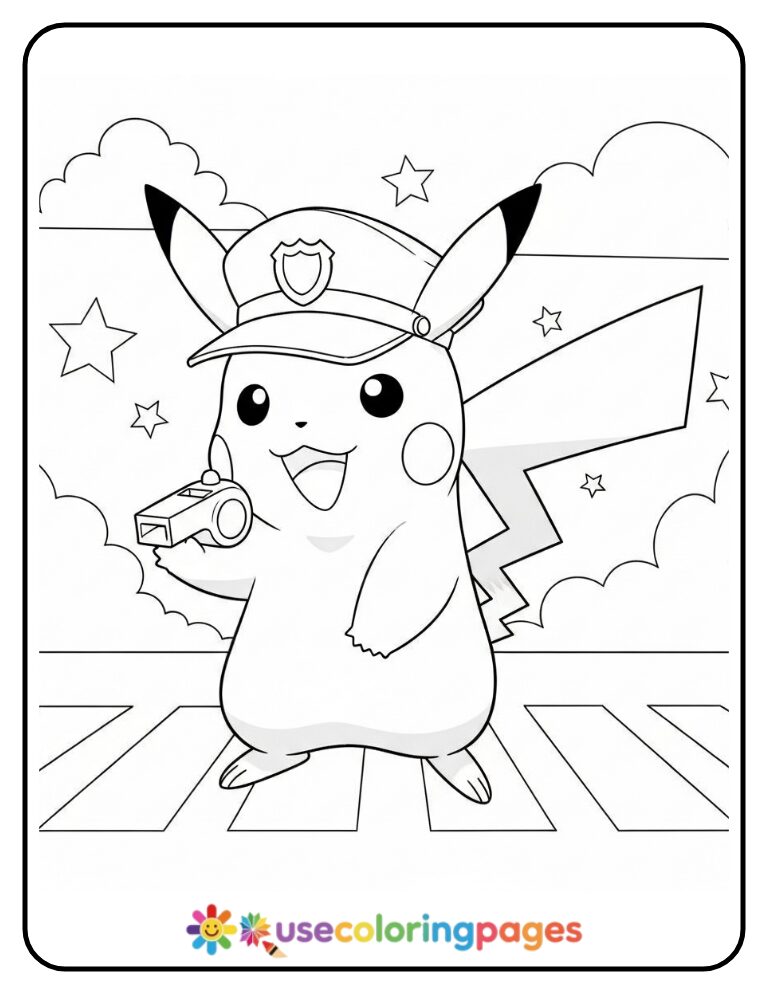 Police Officer Pikachu on Patrol Coloring Page For Kids
