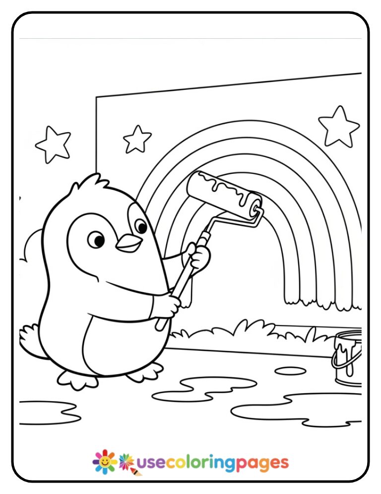 Poppy the Penguin Painting a Rainbow Wall Coloring Page