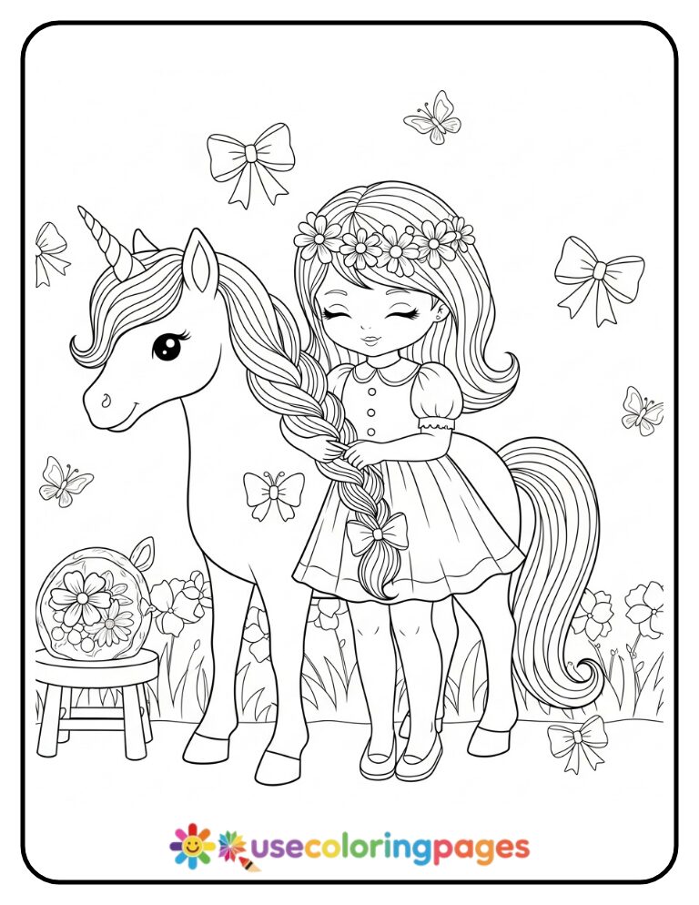 Princess Braiding Unicorn's Mane Coloring Page