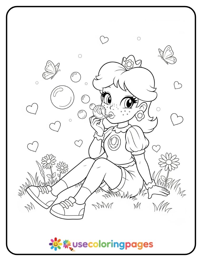 Princess Daisy Blowing Bubbles Coloring Page
