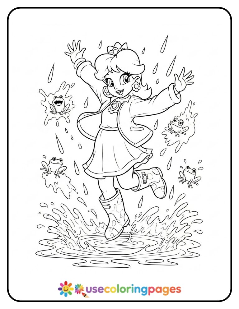 Princess Daisy Jumping in a Puddle Coloring Page