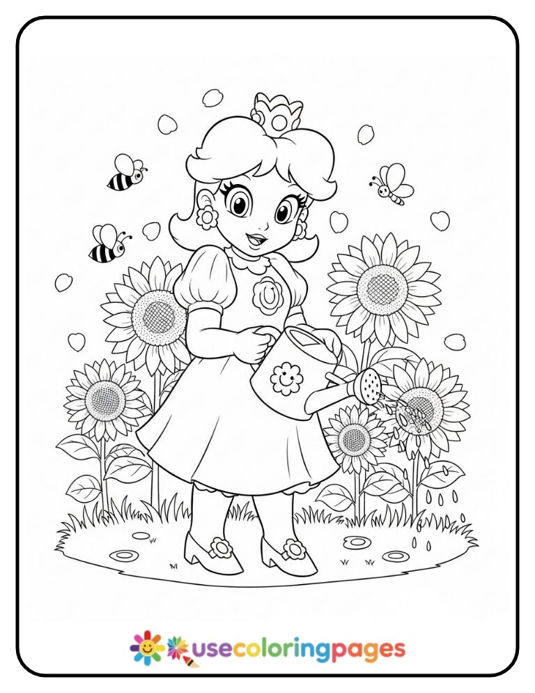 Princess Daisy Watering Flowers Coloring Page
