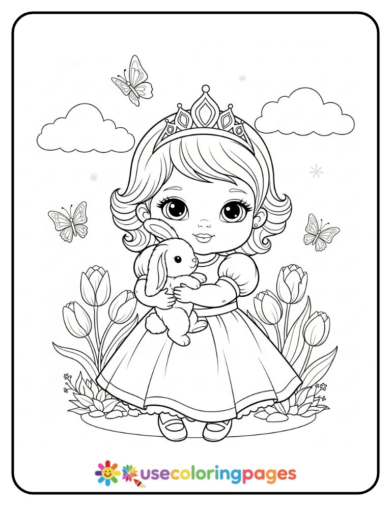Princess Holding a Bunny Coloring Page for Girls