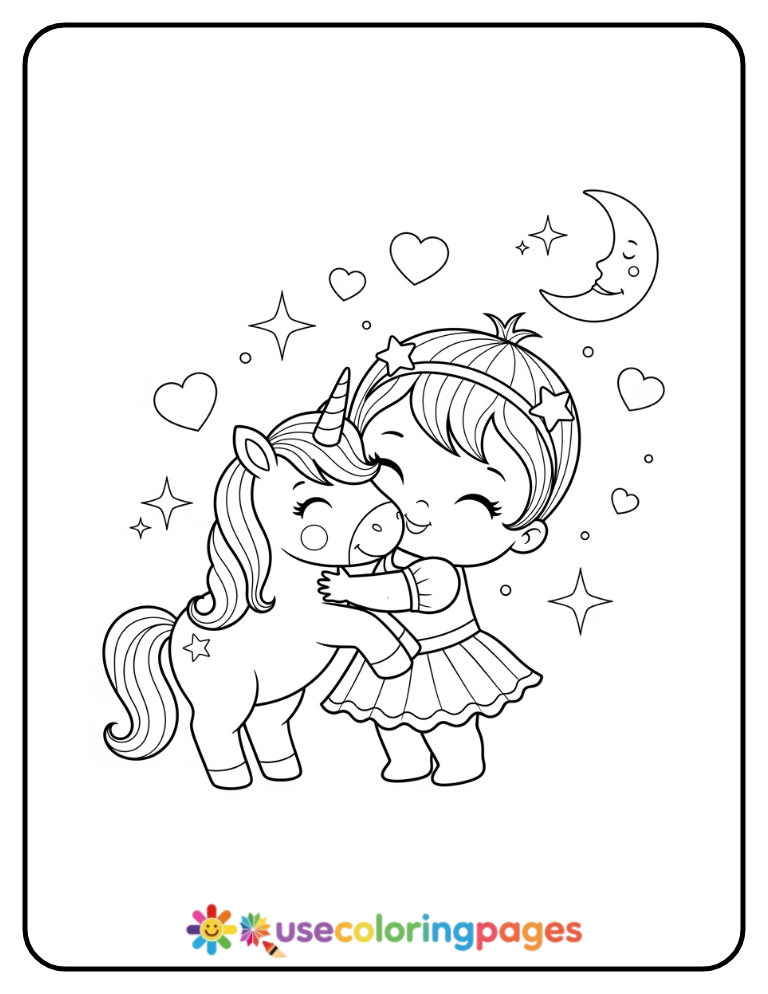 Princess Hugging a Unicorn Coloring Page for Girls
