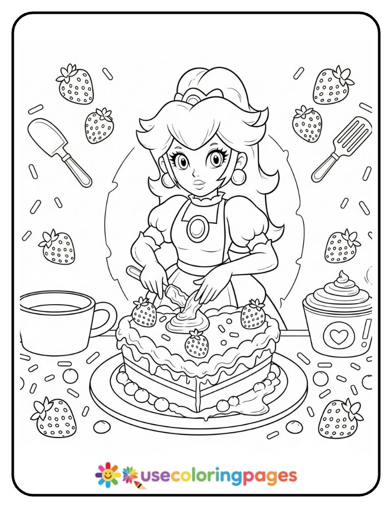 Princess Peach Baking a Cake Coloring Page for Girls