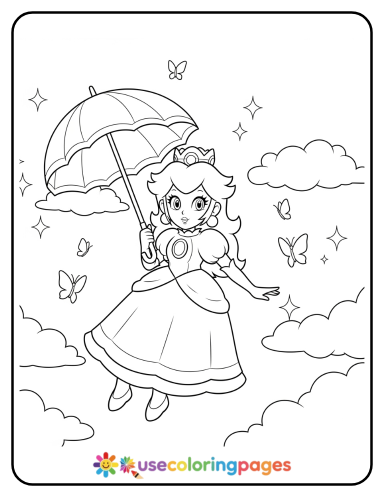 Princess Peach Floating with Parasol Coloring Page