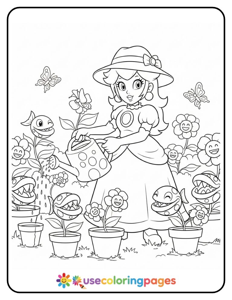 Princess Peach Gardening with Piranha Plants Coloring Page