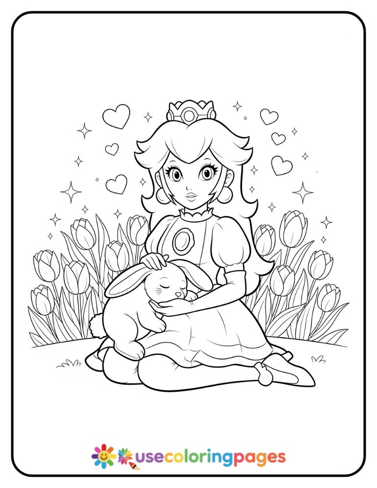 Princess Peach Holding a Sleeping Bunny Coloring Page For Kids