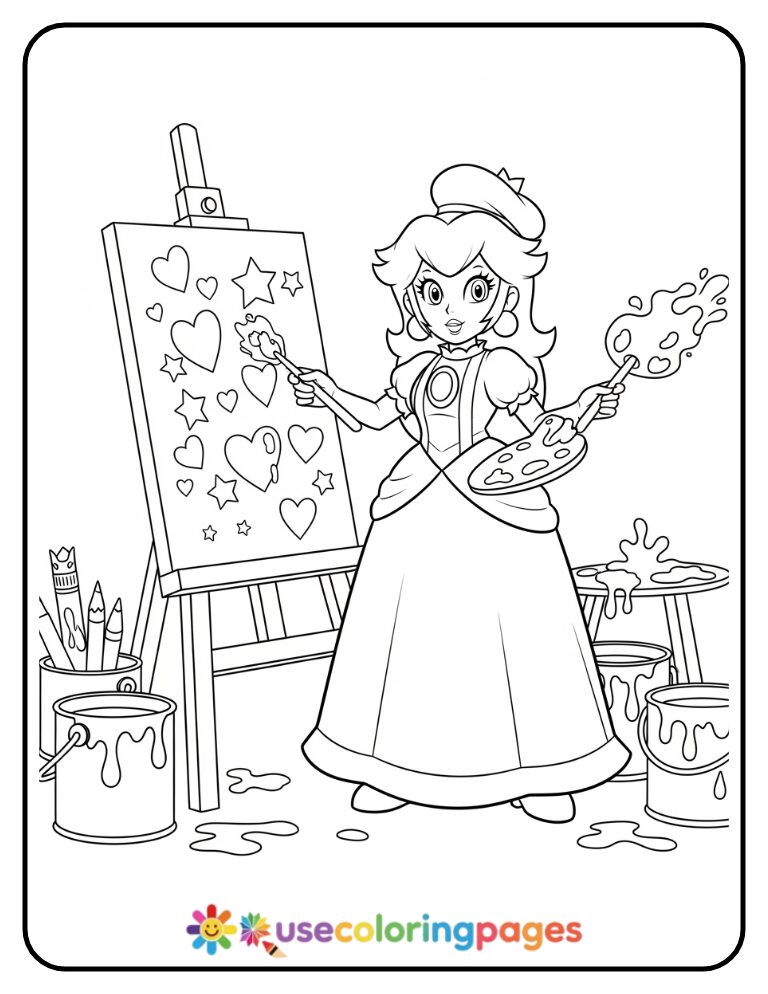 Princess Peach Painting a Portrait Coloring Page