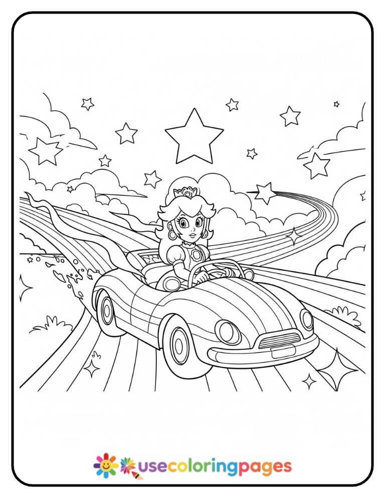 Princess Peach Racing Through Rainbow Road Coloring Page