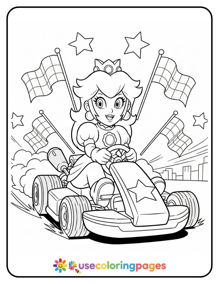 Princess Peach Riding a Go-Kart Coloring Page for Girls
