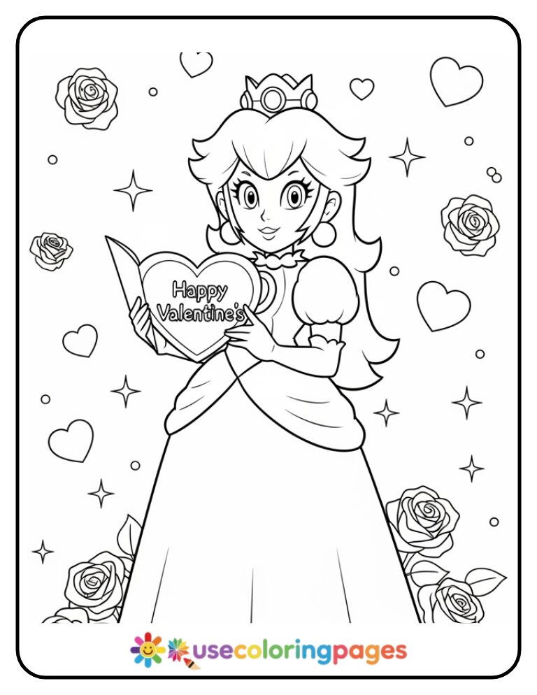 Princess Peach Valentine’s Day Coloring Page Printable