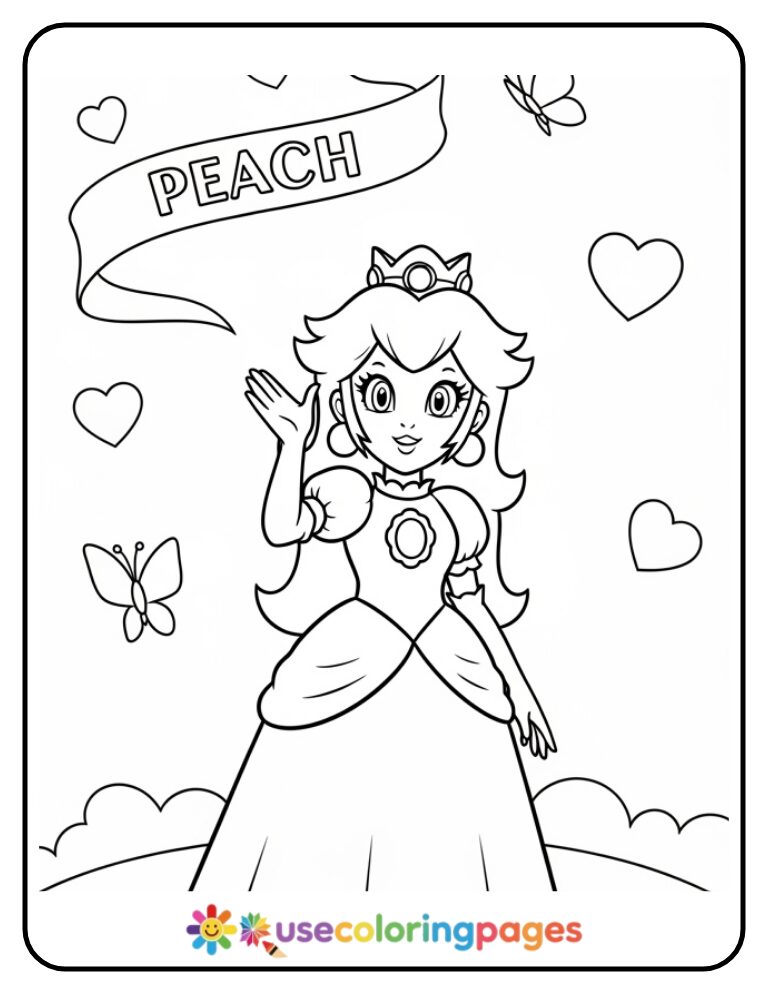 Princess Peach Waving with Her Name Banner Coloring Page