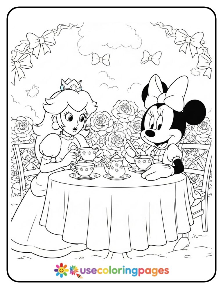 Princess Peach and Minnie Mouse Having a Tea Party Coloring Page