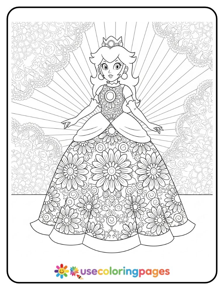 Princess Peach in Floral Mandala Dress Coloring Page