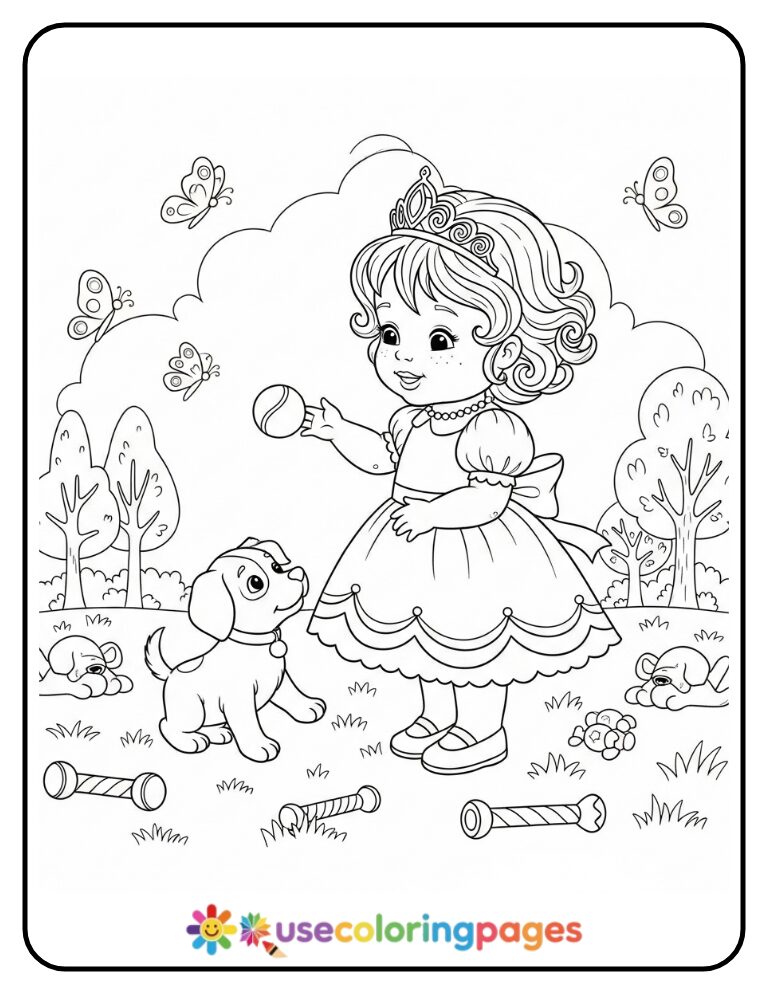 Princess Playing with a Puppy Coloring Page for Girls