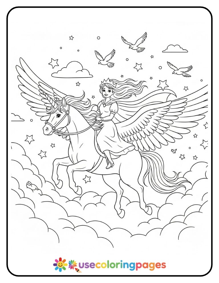 Princess Riding a Flying Unicorn Coloring Page