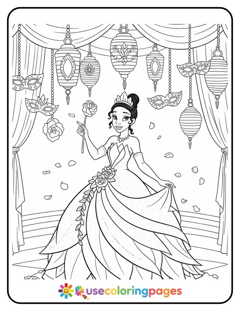 Princess Tiana Dancing at the Masquerade Ball Coloring Page