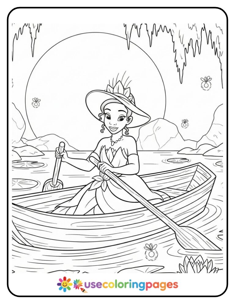 Princess Tiana Rowing a Boat in the Bayou Coloring Page