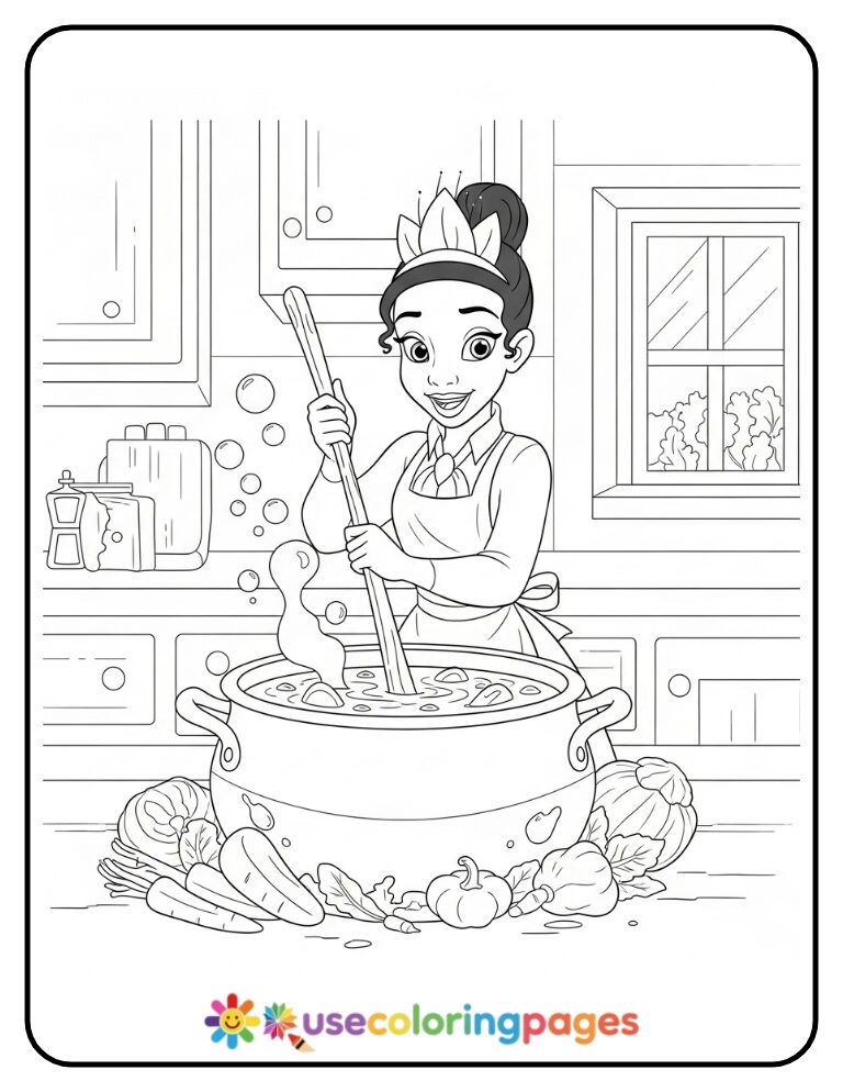 Princess Tiana Stirring Her Famous Gumbo Coloring Page