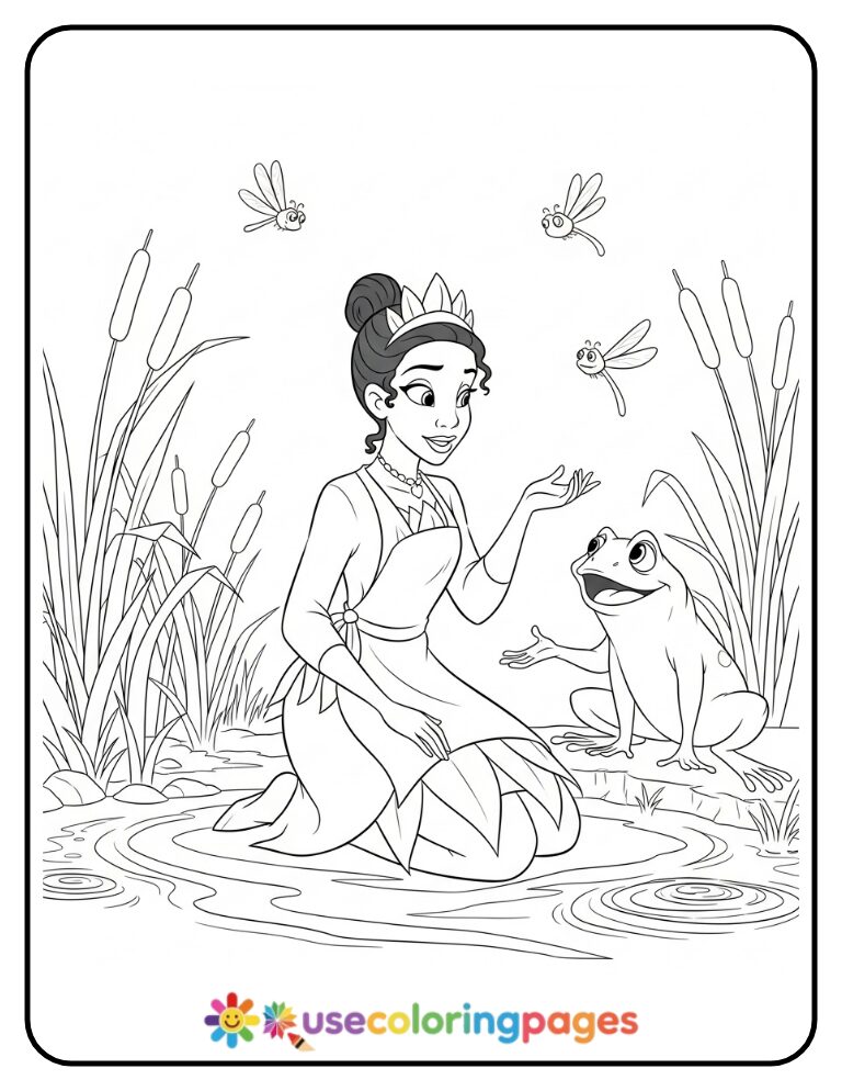 Princess Tiana Talking to a Frog Coloring Page