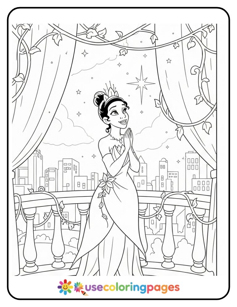 Princess Tiana Wishing on a Star Coloring Page