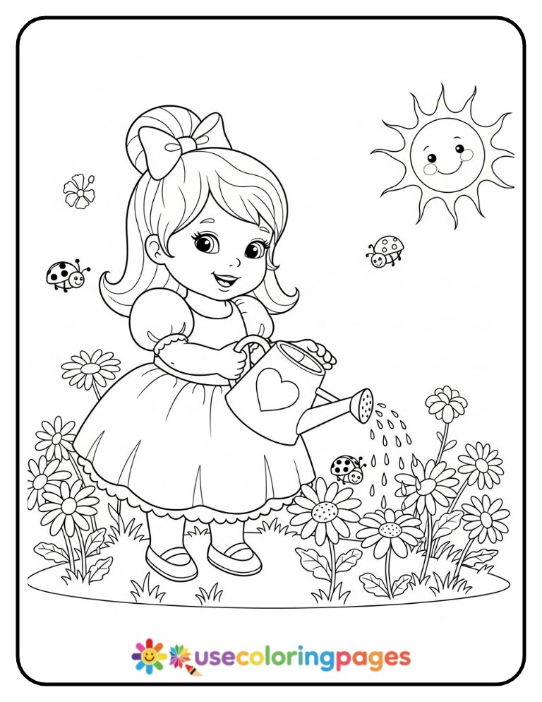 Princess Watering Flowers Coloring Page for Girls