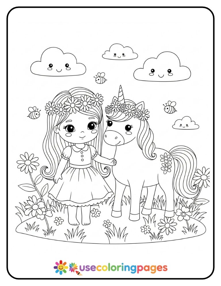 Princess and Unicorn Making Flower Crowns Coloring Page