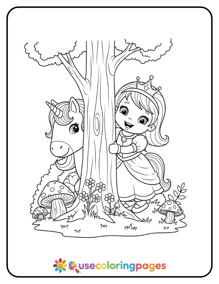 Princess and Unicorn Playing Hide and Seek Coloring Page