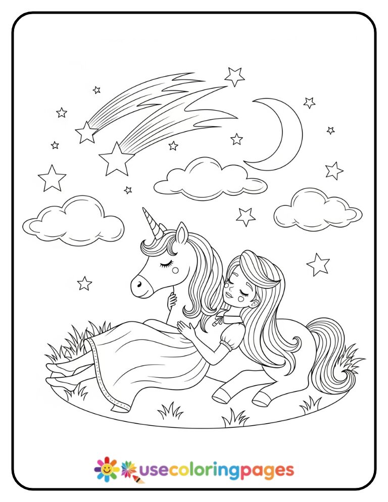 Princess and Unicorn Watching Stars Coloring Page